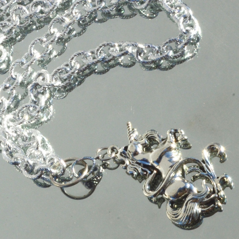 Silver Unicorn Pendant Cable Chain Necklace Long - Picture 1 of 6